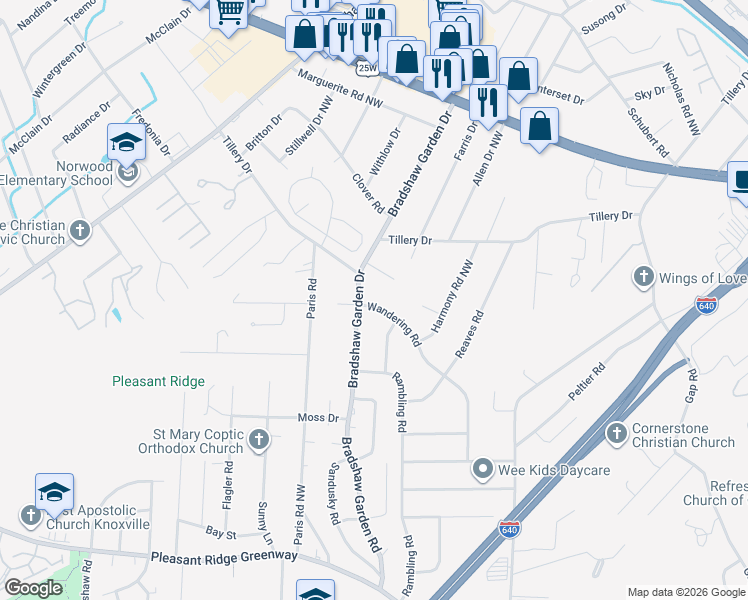 map of restaurants, bars, coffee shops, grocery stores, and more near 1504 Wandering Road in Knoxville