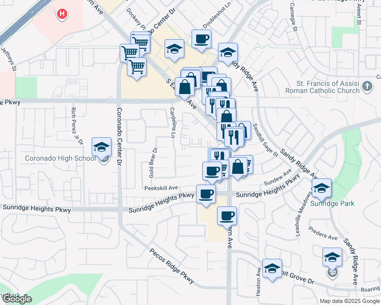 map of restaurants, bars, coffee shops, grocery stores, and more near 2704 Frecco Cavern Court in Henderson
