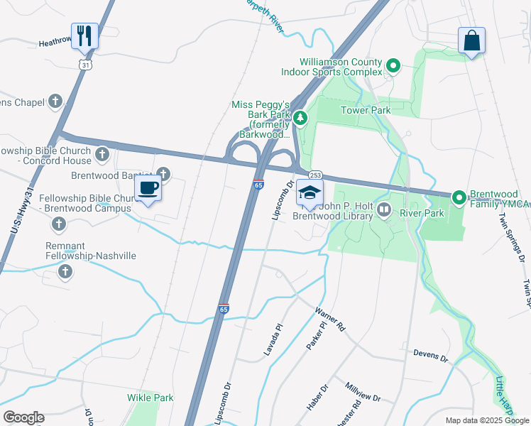 map of restaurants, bars, coffee shops, grocery stores, and more near 1111 Lipscomb Drive in Brentwood