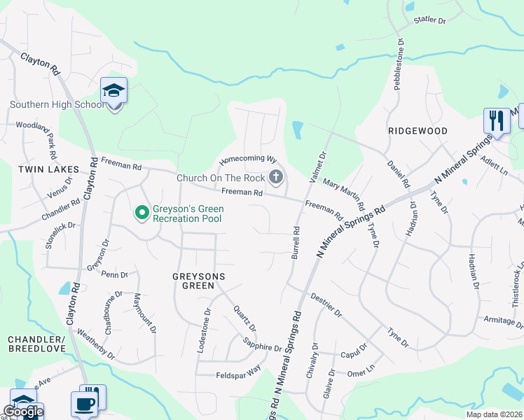 map of restaurants, bars, coffee shops, grocery stores, and more near 619 Chalcedony Court in Durham