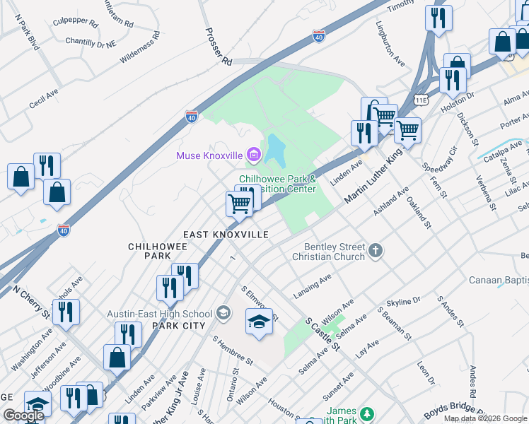 map of restaurants, bars, coffee shops, grocery stores, and more near 3214 East Magnolia Avenue in Knoxville