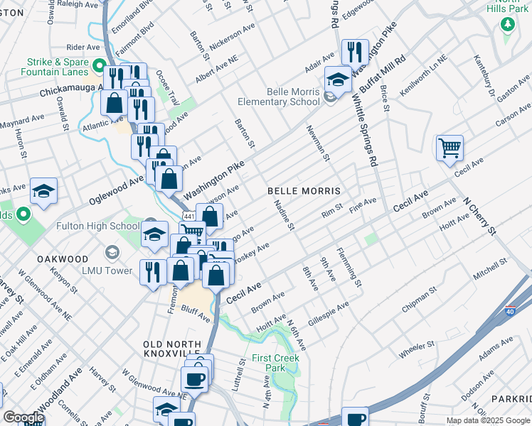 map of restaurants, bars, coffee shops, grocery stores, and more near 1707 Chicago Ave in Knoxville