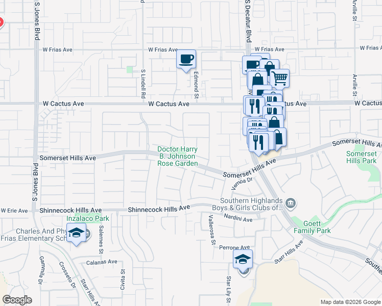 map of restaurants, bars, coffee shops, grocery stores, and more near 10671 Lago Cantini Street in Las Vegas