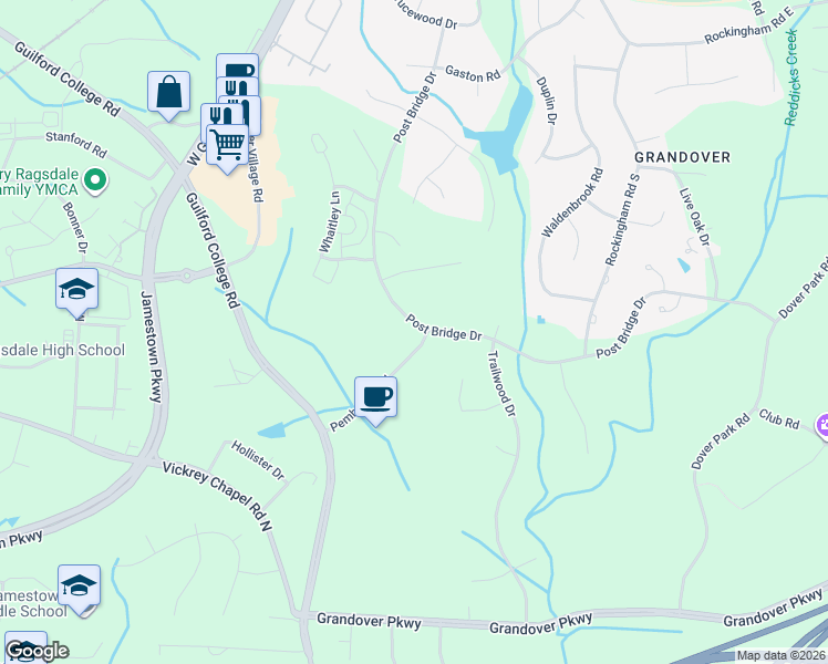 map of restaurants, bars, coffee shops, grocery stores, and more near 4500 Pemberton Road in Greensboro