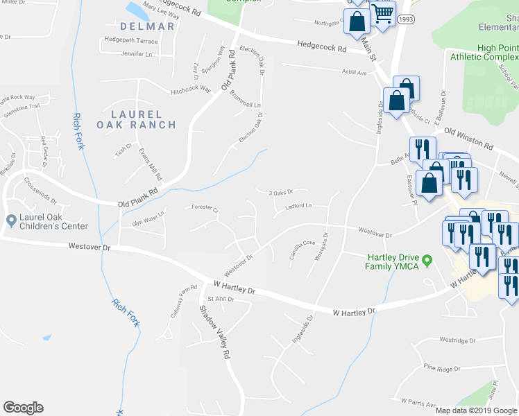 map of restaurants, bars, coffee shops, grocery stores, and more near 5220 Switchback Drive in High Point
