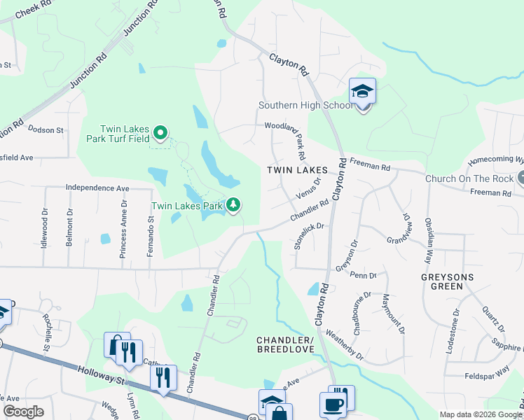 map of restaurants, bars, coffee shops, grocery stores, and more near 3201 Venus Drive in Durham