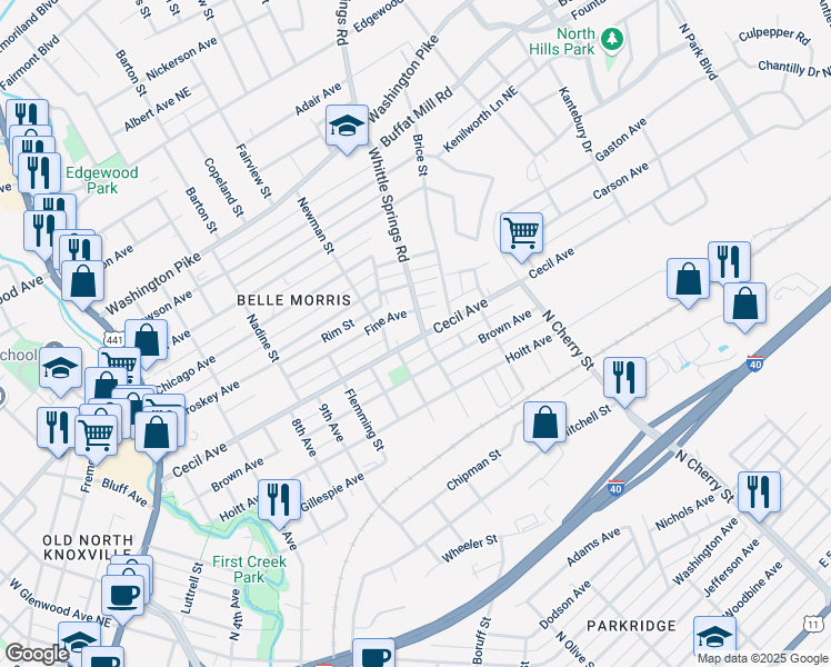 map of restaurants, bars, coffee shops, grocery stores, and more near 2327 Cecil Avenue in Knoxville