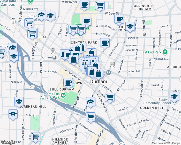 map of restaurants, bars, coffee shops, grocery stores, and more near in Durham