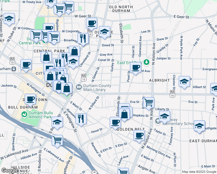 map of restaurants, bars, coffee shops, grocery stores, and more near 510 Carlton Avenue in Durham
