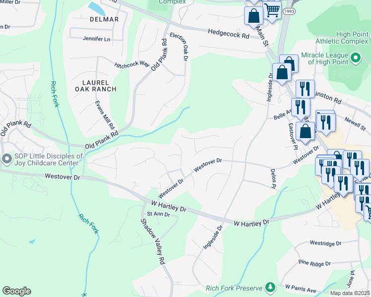 map of restaurants, bars, coffee shops, grocery stores, and more near 5220 Switchback Drive in High Point