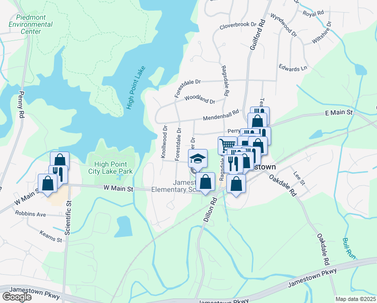 map of restaurants, bars, coffee shops, grocery stores, and more near 205 Potter Drive in Jamestown