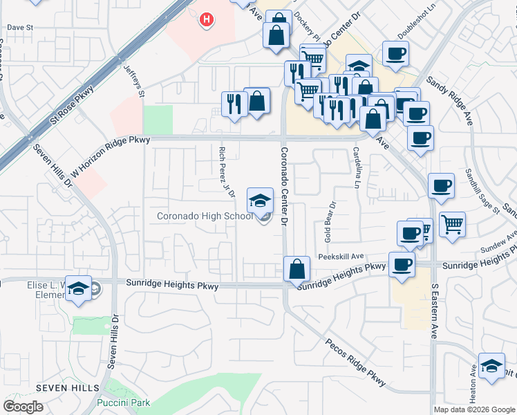 map of restaurants, bars, coffee shops, grocery stores, and more near 1001 Coronado Center Drive in Henderson