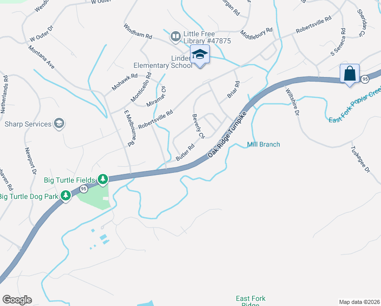 map of restaurants, bars, coffee shops, grocery stores, and more near 211 Butler Road in Oak Ridge