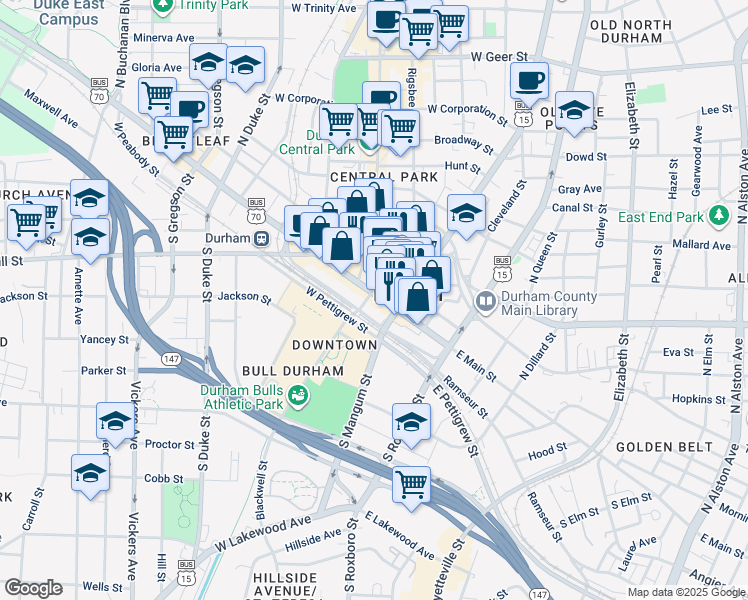 map of restaurants, bars, coffee shops, grocery stores, and more near 126 West Main Street in Durham