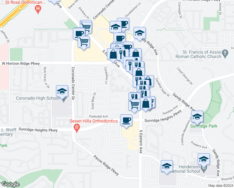 map of restaurants, bars, coffee shops, grocery stores, and more near 2704 Frecco Cavern Court in Henderson