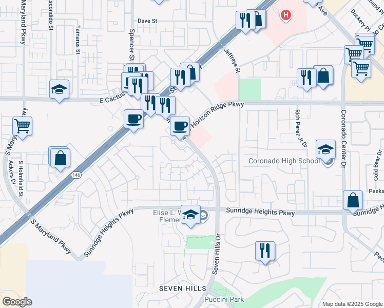 map of restaurants, bars, coffee shops, grocery stores, and more near 845 Seven Hills Drive in Henderson
