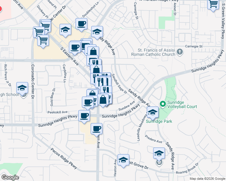 map of restaurants, bars, coffee shops, grocery stores, and more near 2568 Golden Bay Court in Henderson