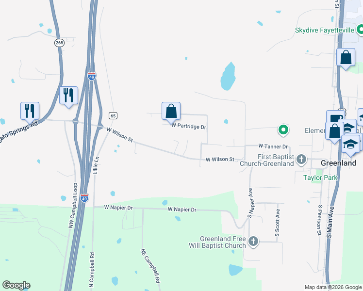 map of restaurants, bars, coffee shops, grocery stores, and more near 134 North Brewer Court in Fayetteville