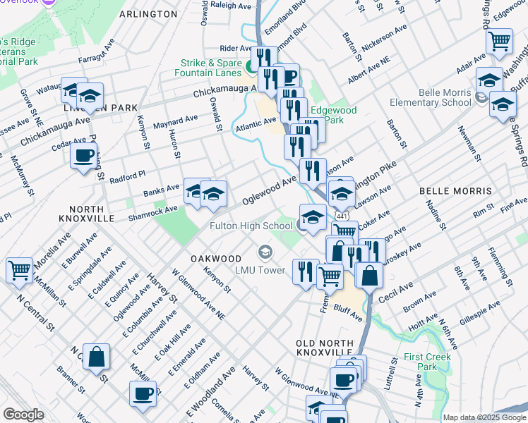 map of restaurants, bars, coffee shops, grocery stores, and more near 1045 Ledgerwood Avenue in Knoxville