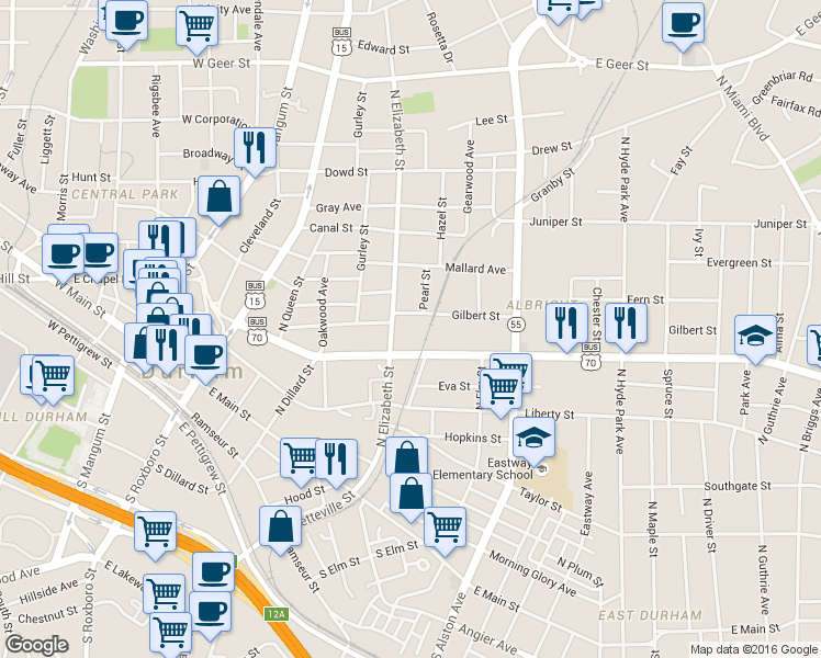 map of restaurants, bars, coffee shops, grocery stores, and more near 708 Gilbert Street in Durham