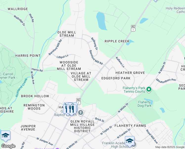 map of restaurants, bars, coffee shops, grocery stores, and more near 100 Melksham Road in Wake Forest