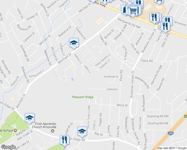 map of restaurants, bars, coffee shops, grocery stores, and more near 5100 Yates Lane in Knoxville