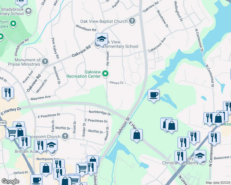 map of restaurants, bars, coffee shops, grocery stores, and more near 3145 Windchase Court in High Point