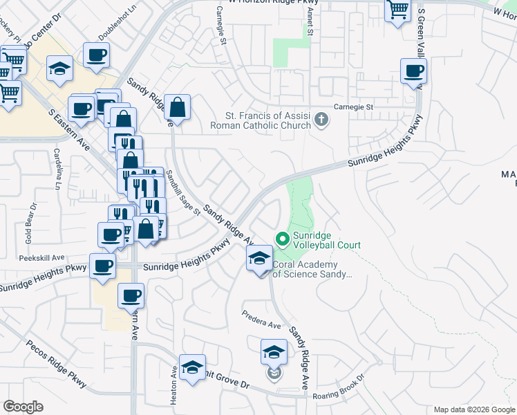 map of restaurants, bars, coffee shops, grocery stores, and more near 865 Rainbolt Lane in Henderson