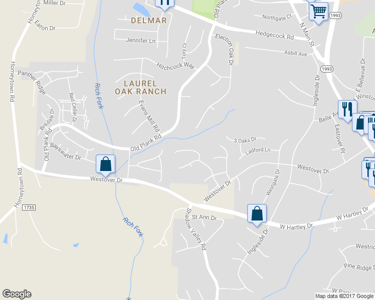 map of restaurants, bars, coffee shops, grocery stores, and more near Forester Court in High Point