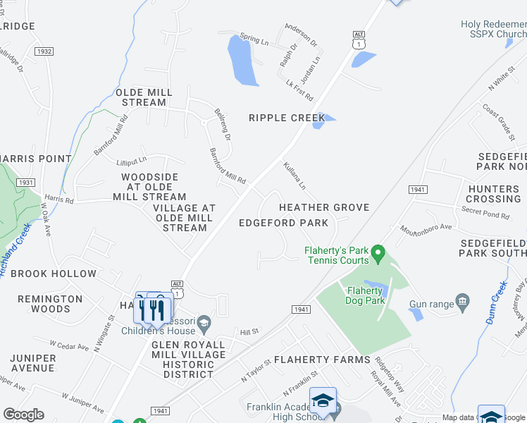 map of restaurants, bars, coffee shops, grocery stores, and more near 1004 Caladium Drive in Wake Forest