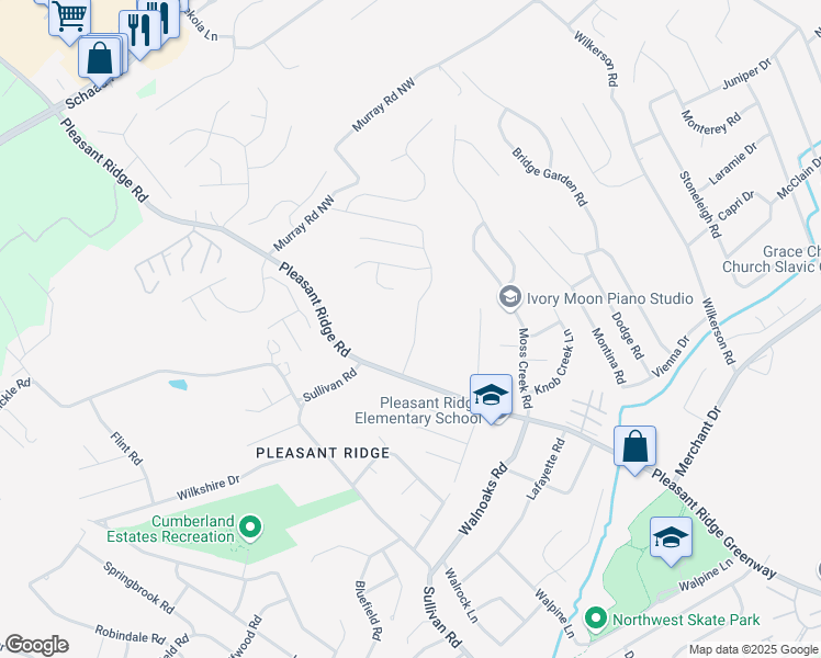 map of restaurants, bars, coffee shops, grocery stores, and more near 2639 Crestpark Road in Knoxville