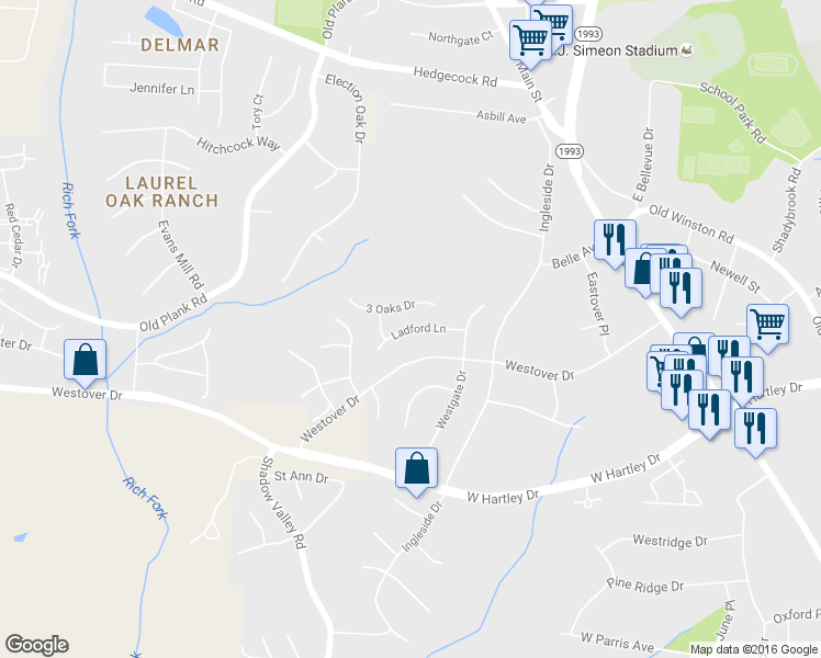 map of restaurants, bars, coffee shops, grocery stores, and more near 601 Ladford Lane in High Point