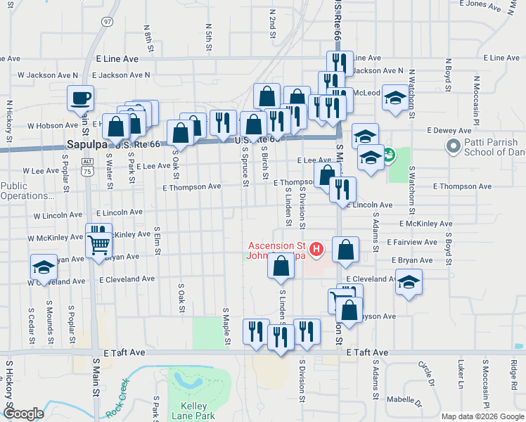 map of restaurants, bars, coffee shops, grocery stores, and more near 718 East Lincoln Avenue in Sapulpa
