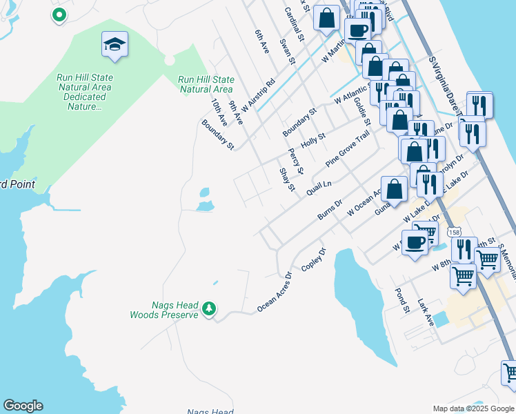 map of restaurants, bars, coffee shops, grocery stores, and more near 1422 Mollie St in Kill Devil Hills