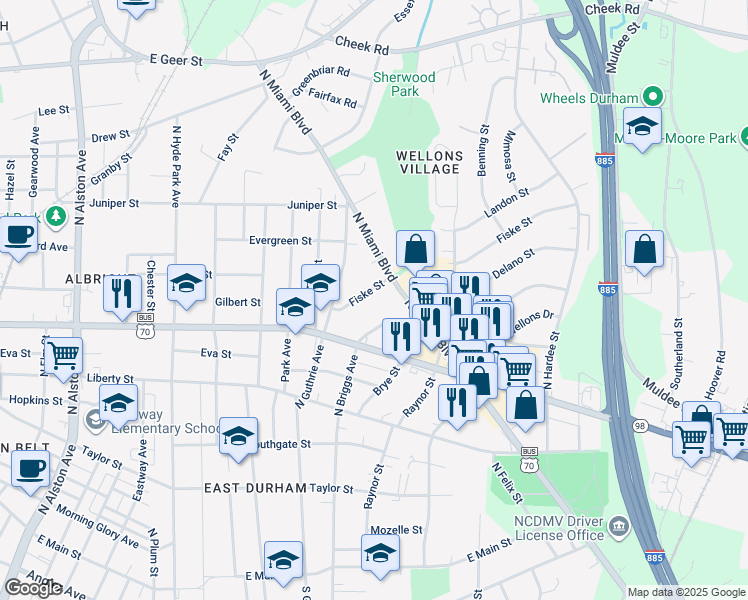 map of restaurants, bars, coffee shops, grocery stores, and more near 924 Fiske Street in Durham