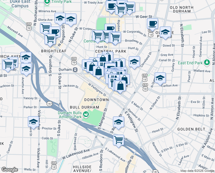map of restaurants, bars, coffee shops, grocery stores, and more near 123 West Main Street in Durham