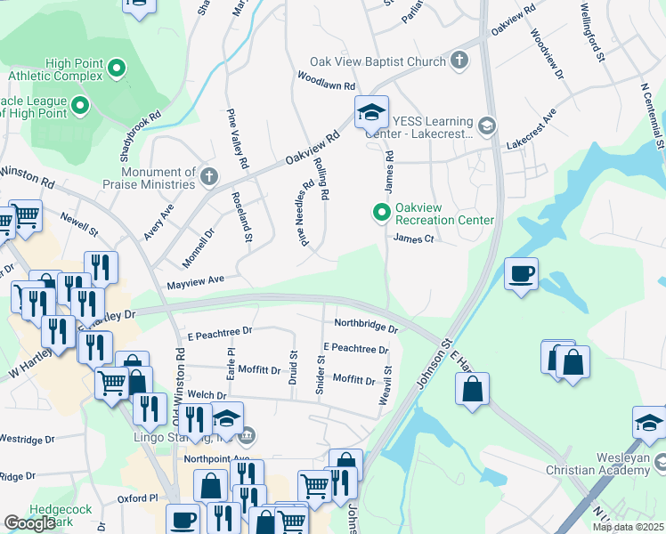 map of restaurants, bars, coffee shops, grocery stores, and more near 3113 Pine Needles Road in High Point