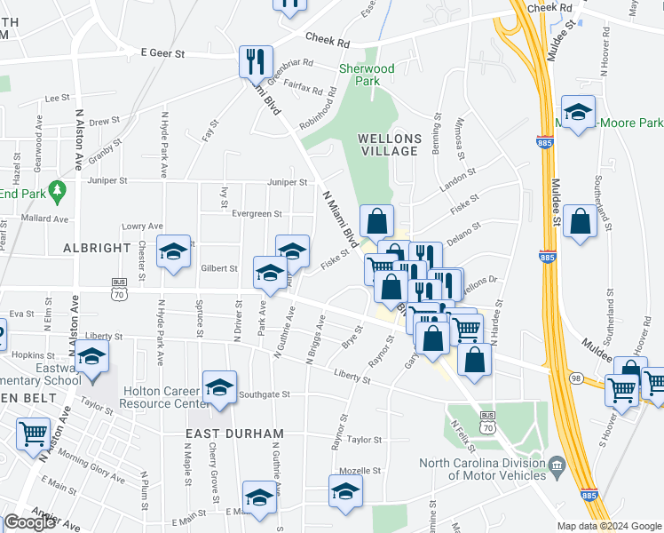 map of restaurants, bars, coffee shops, grocery stores, and more near 916 Fiske Street in Durham