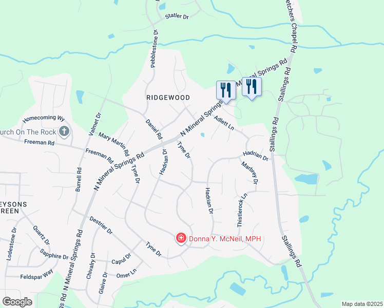 map of restaurants, bars, coffee shops, grocery stores, and more near 5000 Tyne Drive in Durham