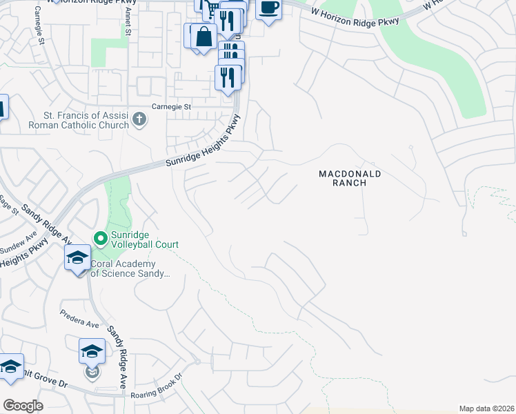 map of restaurants, bars, coffee shops, grocery stores, and more near 2219 Ledge Rock Lane in Henderson