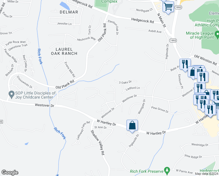 map of restaurants, bars, coffee shops, grocery stores, and more near 5227 Switchback Drive in High Point