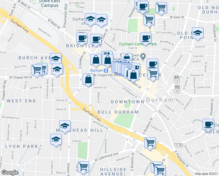 map of restaurants, bars, coffee shops, grocery stores, and more near 317 West Pettigrew Street in Durham