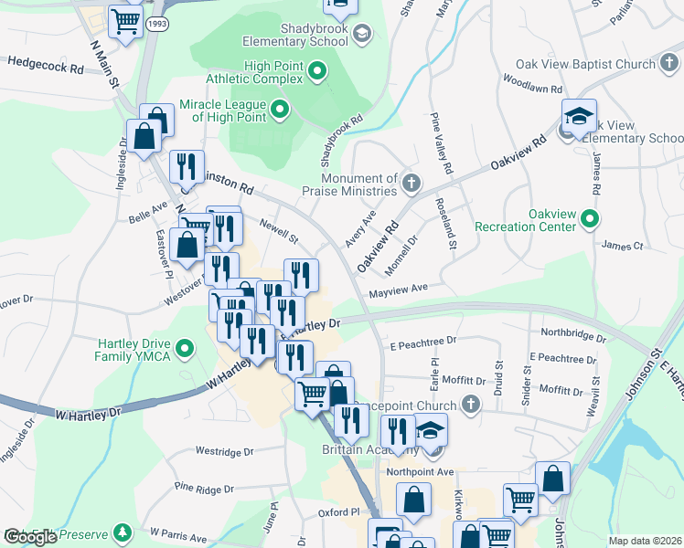 map of restaurants, bars, coffee shops, grocery stores, and more near 703 Old Winston Road in High Point