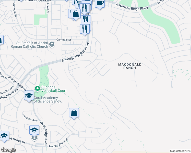 map of restaurants, bars, coffee shops, grocery stores, and more near 2219 Ledge Rock Lane in Henderson