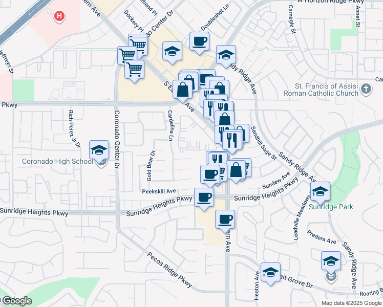 map of restaurants, bars, coffee shops, grocery stores, and more near 2702 Frecco Cavern Court in Henderson