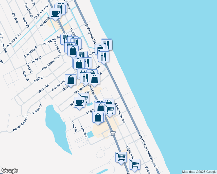 map of restaurants, bars, coffee shops, grocery stores, and more near 2009 Wrightsville Boulevard in Kill Devil Hills