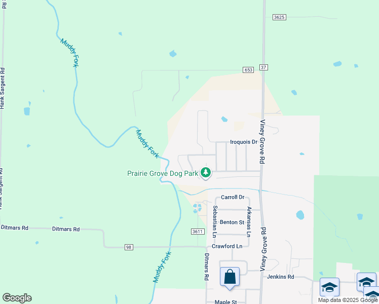 map of restaurants, bars, coffee shops, grocery stores, and more near 980 Seabiscuit Drive in Prairie Grove