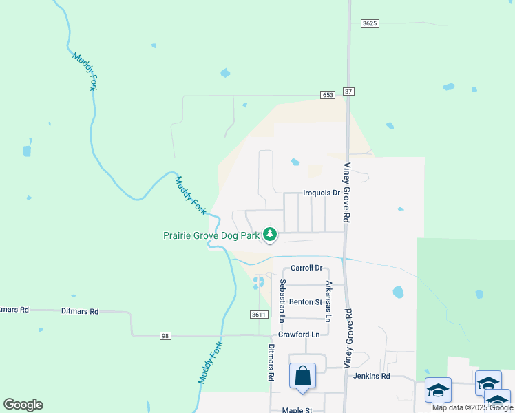map of restaurants, bars, coffee shops, grocery stores, and more near 950 Seabiscuit Drive in Prairie Grove
