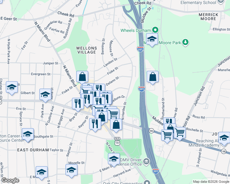 map of restaurants, bars, coffee shops, grocery stores, and more near 1126 Raynor Street in Durham