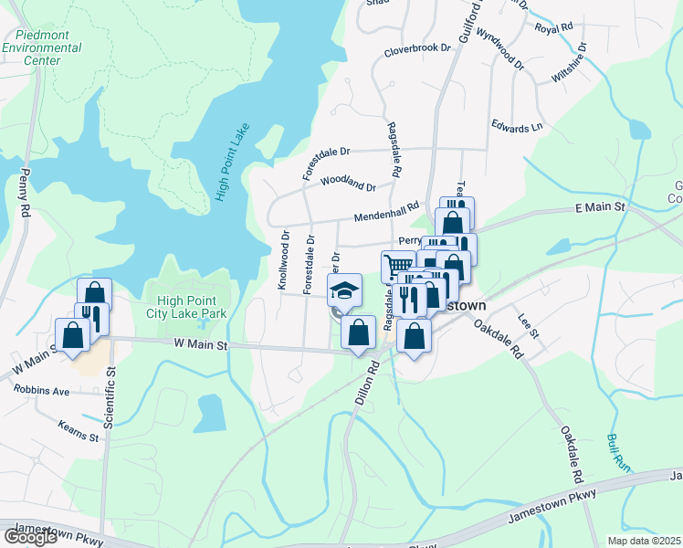 map of restaurants, bars, coffee shops, grocery stores, and more near 207 Potter Drive in Jamestown